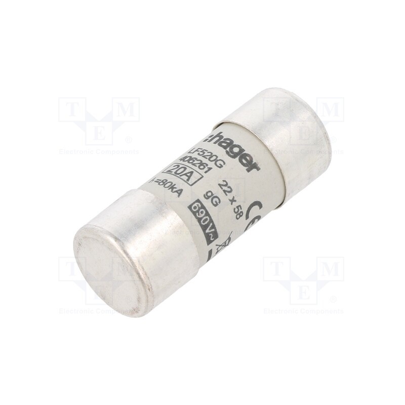 1 pcs x HAGER - LF520G - Fuse: fuse, gG, 20A, 690VAC, cylindrical,industrial, 22x58mm