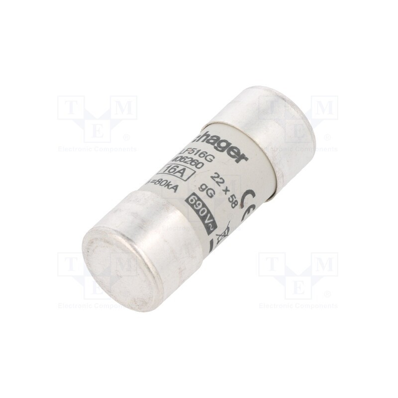 1 pcs x HAGER - LF516G - Fuse: fuse, gG, 16A, 690VAC, cylindrical,industrial, 22x58mm