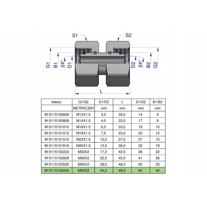 Metric hydraulic connector AA M52x2 42L Waryns