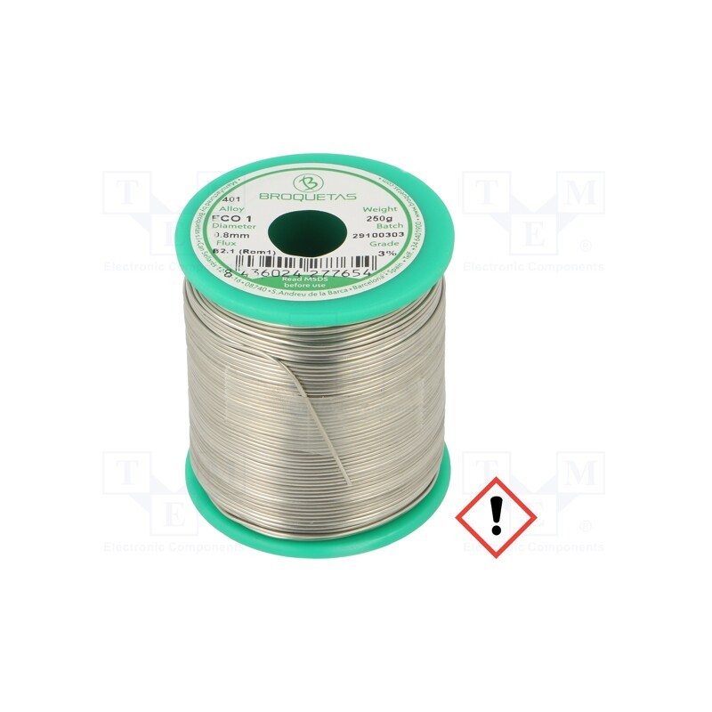 1 pcs x BROQUETAS - ECO 1 (SNCU1) FLUX B2.1 0,8 MM 250G - Soldering wire, Sn99,3Cu0,7, 0.8mm, 0.25kg, lead free, reel, 220°C