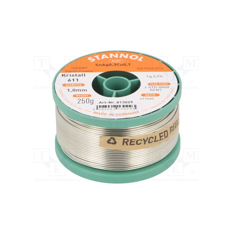 1 pcs x STANNOL - 813029 - Soldering wire, Sn99Cu0,7Ag0,3, 1mm, 250g, lead free, reel, 2.5%
