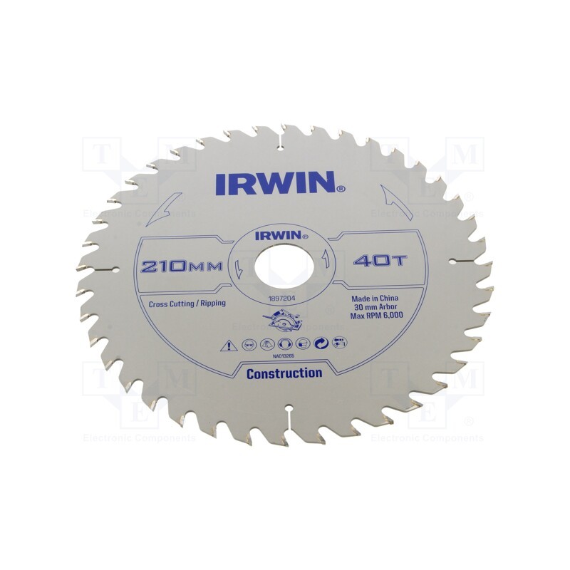 1 pcs x IRWIN - 1897204 - Circular saw, Ø: 210mm, Øhole: 30mm, Teeth: 40, wood