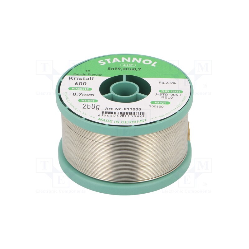 1 pcs x STANNOL - 811008 - Soldering wire, Sn99,3Cu0,7, 0.7mm, 250g, lead free, reel, 2.5%