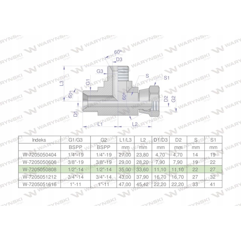Hydraulic tee non-sym inch bba 1 2 bsp