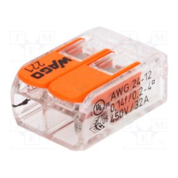 2 pcs x WAGO - 221-412 - Quick splice, 221, spring clamp, 0.2÷4mm2, 450V, 32A, for cable