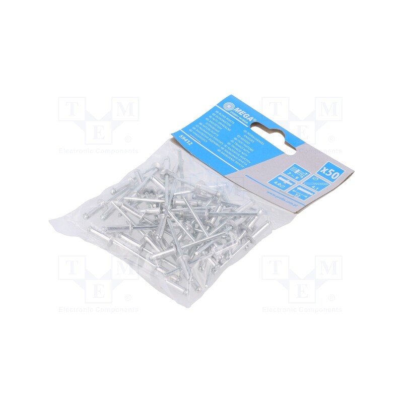 5 pcg x MEGA - 59412 - Rivet, aluminium, Rivet diam: 4mm, L.rivet: 12mm, 50pcs.