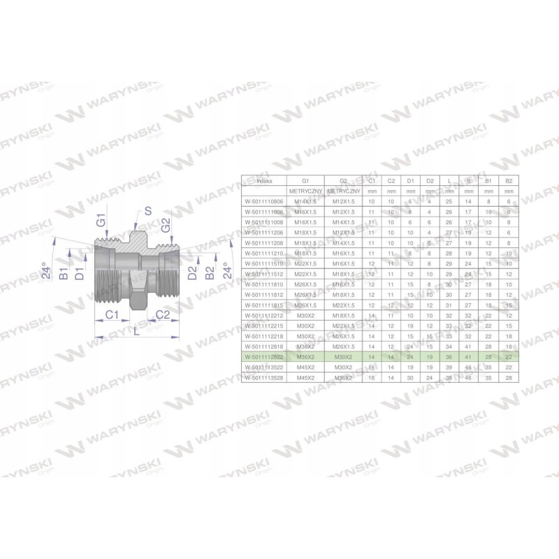 Hydraulic connector m36x2 28l m30x2 22l