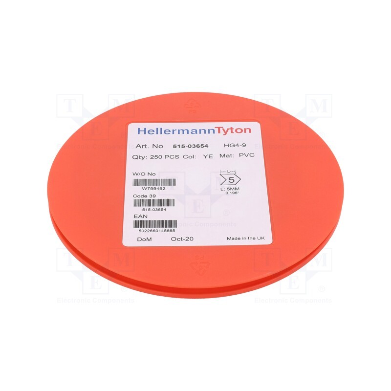 250 pcs x HELLERMANNTYTON - 515-03654 - Markers, Marking: 5, 4÷9mm, PVC, yellow, -65÷105°C, leaded, HGDC4-9
