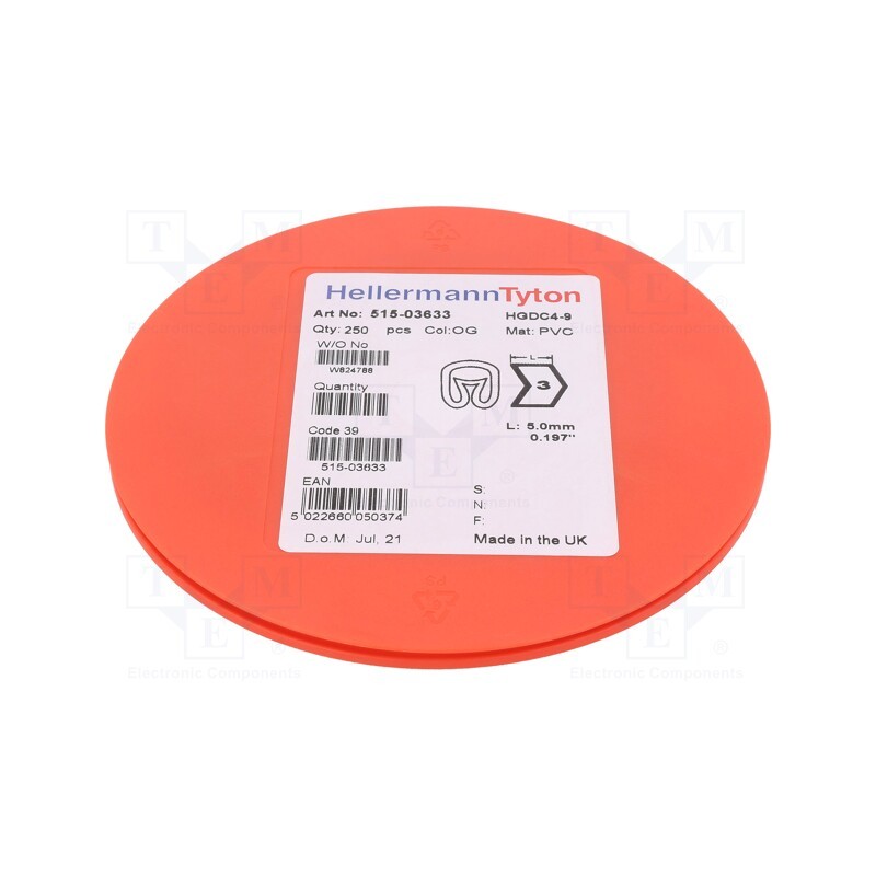 250 pcs x HELLERMANNTYTON - 515-03633 - Markers, Marking: 3, 4÷9mm, PVC, orange, -65÷105°C, leaded, HGDC4-9