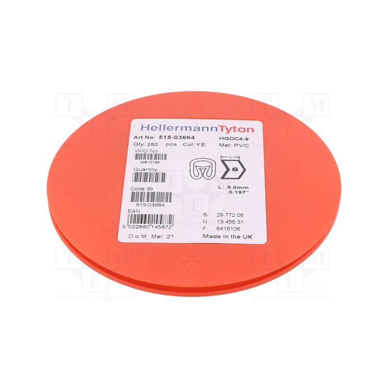 250 pcs x HELLERMANNTYTON - 515-03664 - Markers, Marking: 6, 4÷9mm, PVC, yellow, -65÷105°C, leaded, HGDC4-9