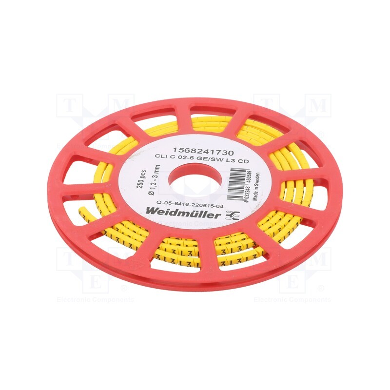 250 pcs x WEIDMu00dcLLER - CLI C 02-6 GE/SW L3 CD - Markers, Marking: L3, 1.3÷3mm, PVC, yellow, -30÷80°C, leaded, CLI C