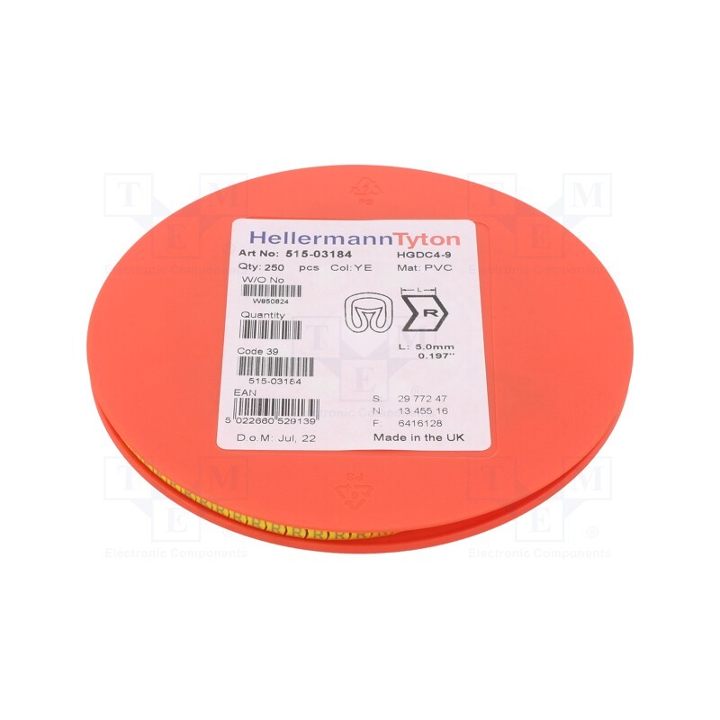 250 pcs x HELLERMANNTYTON - 515-03184 - Markers, Marking: R, 4÷9mm, PVC, yellow, -65÷105°C, leaded, HGDC4-9