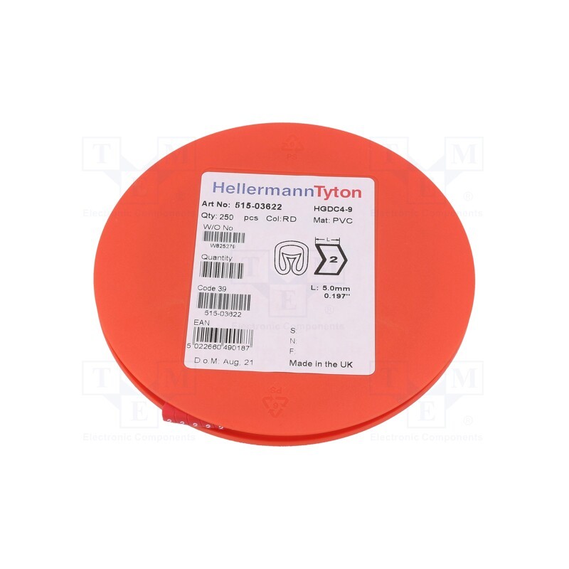 250 pcs x HELLERMANNTYTON - 515-03622 - Markers, Marking: 2, 4÷9mm, PVC, red, -65÷105°C, leaded, HGDC4-9