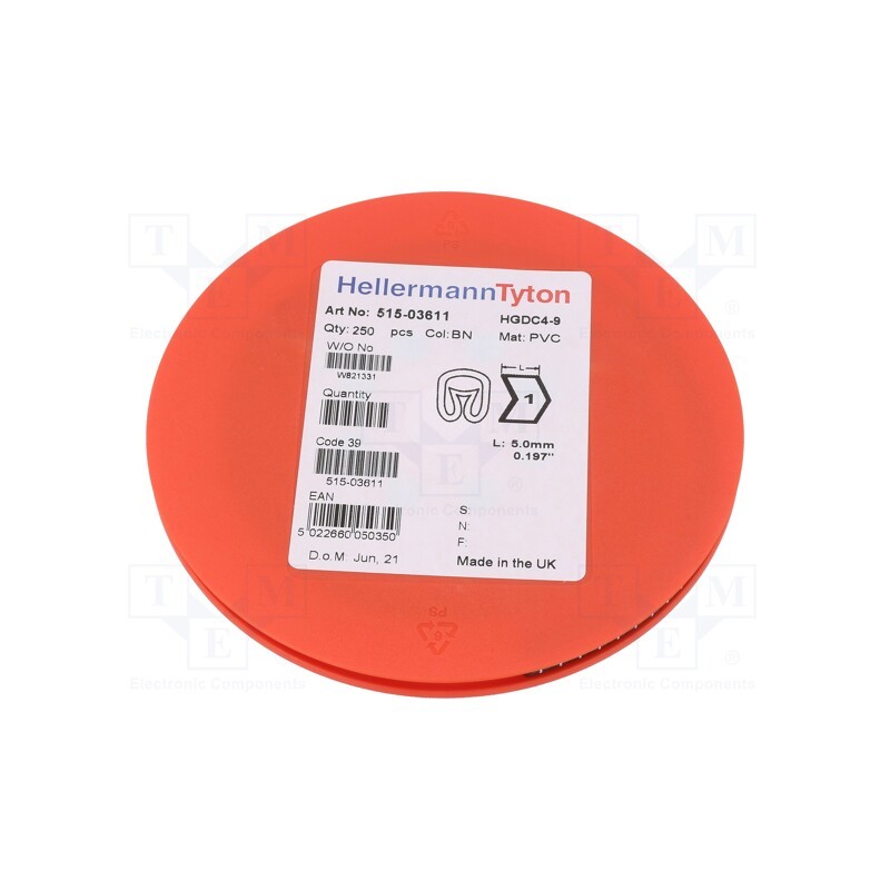 250 pcs x HELLERMANNTYTON - 515-03611 - Markers, Marking: 1, 4÷9mm, PVC, brown, -65÷105°C, leaded, HGDC4-9