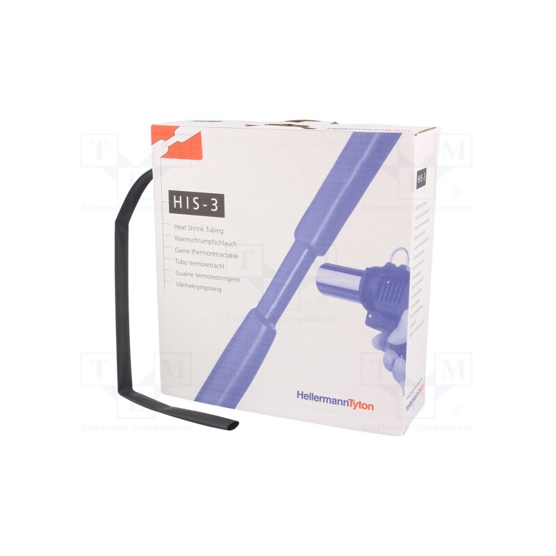 1 rol x HELLERMANNTYTON - 308-30900 - Heat shrink sleeve, glueless, 3: 1, 9mm, L: 5m, black, -50÷125°C