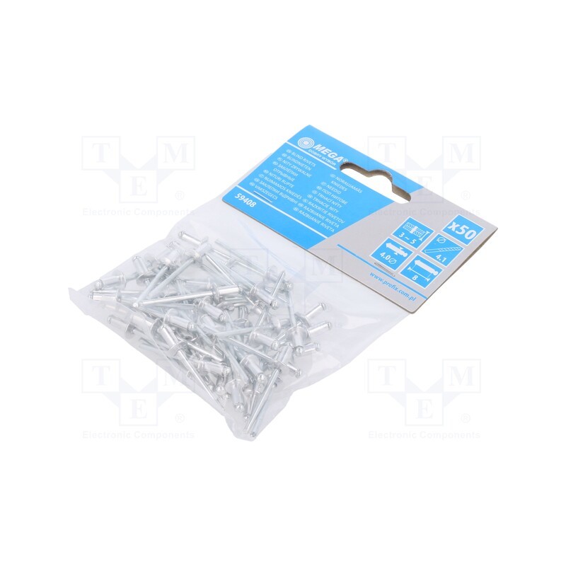 5 pcg x MEGA - 59408 - Rivet, aluminium, Rivet diam: 4mm, L.rivet: 8mm, 50pcs.