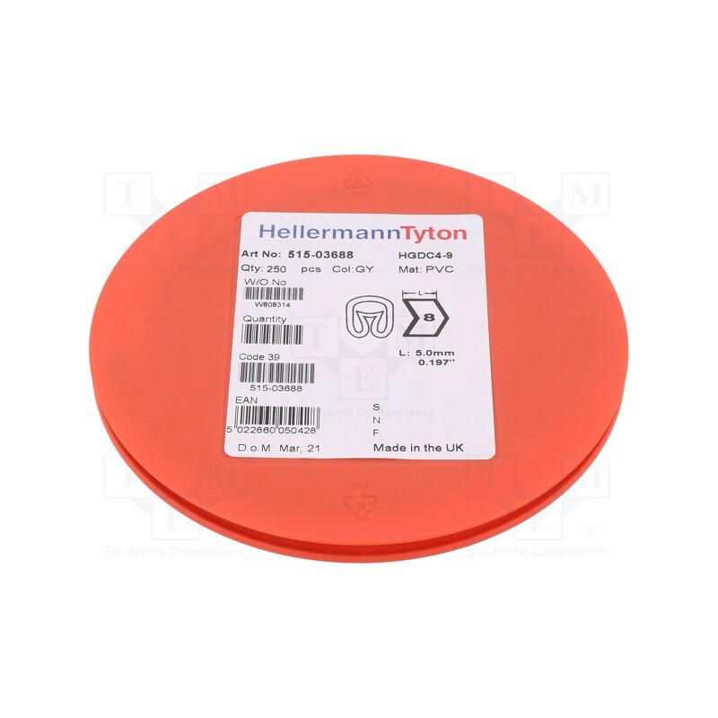 250 pcs x HELLERMANNTYTON - 515-03688 - Markers, Marking: 8, 4÷9mm, PVC, grey, -65÷105°C, leaded, HGDC4-9