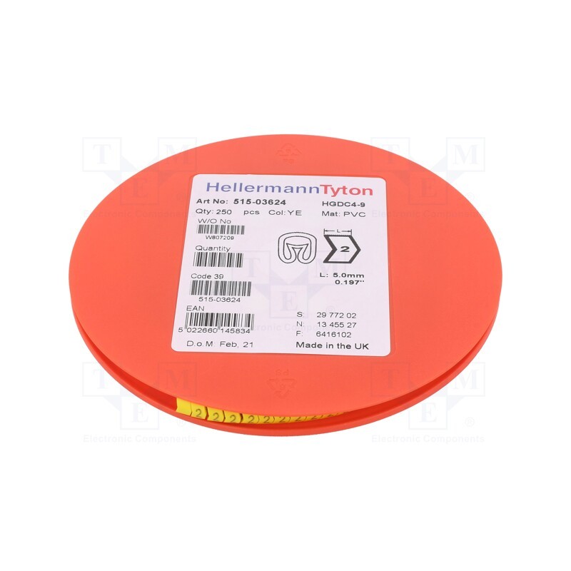 250 pcs x HELLERMANNTYTON - 515-03624 - Markers, Marking: 2, 4÷9mm, PVC, yellow, -65÷105°C, leaded, HGDC4-9