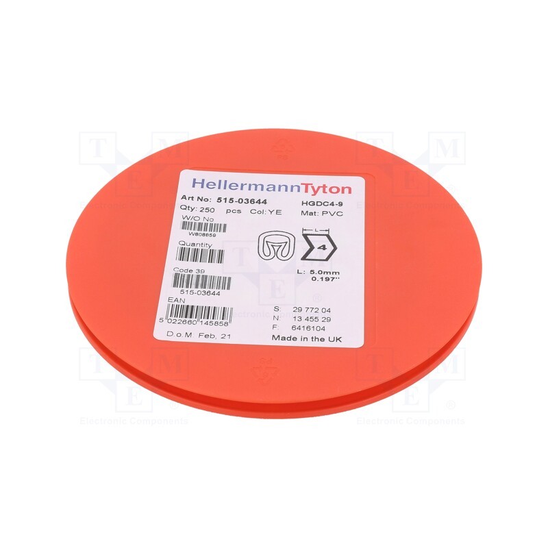 250 pcs x HELLERMANNTYTON - 515-03644 - Markers, Marking: 4, 4÷9mm, PVC, yellow, -65÷105°C, leaded, HGDC4-9
