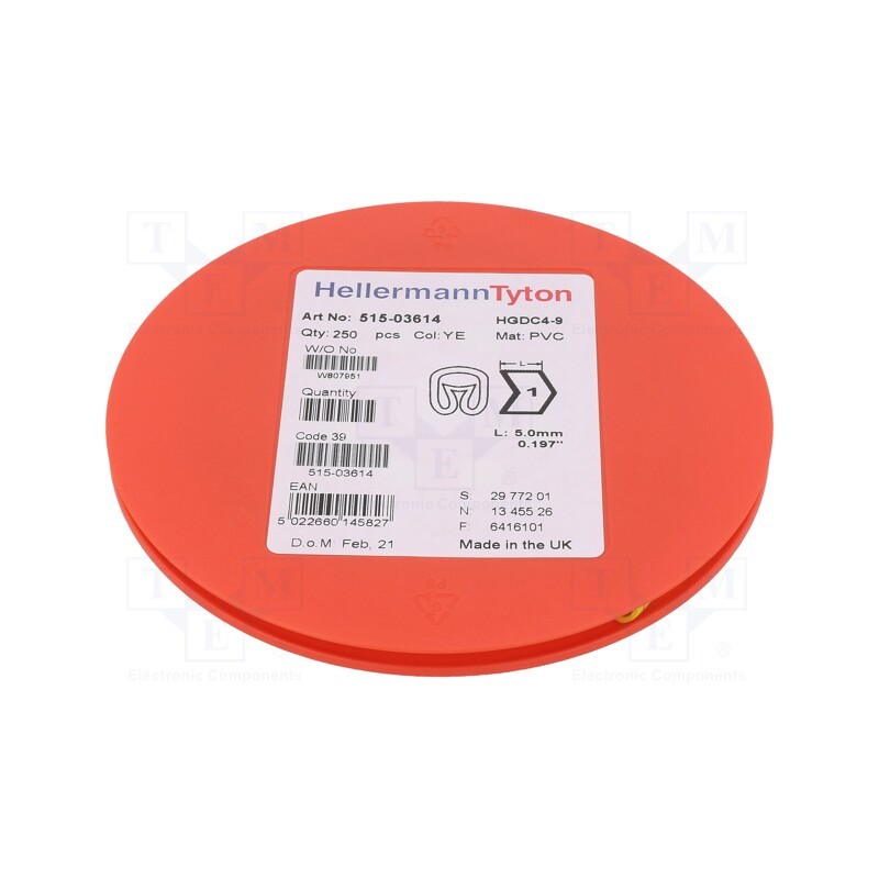 250 pcs x HELLERMANNTYTON - 515-03614 - Markers, Marking: 1, 4÷9mm, PVC, yellow, -65÷105°C, leaded, HGDC4-9
