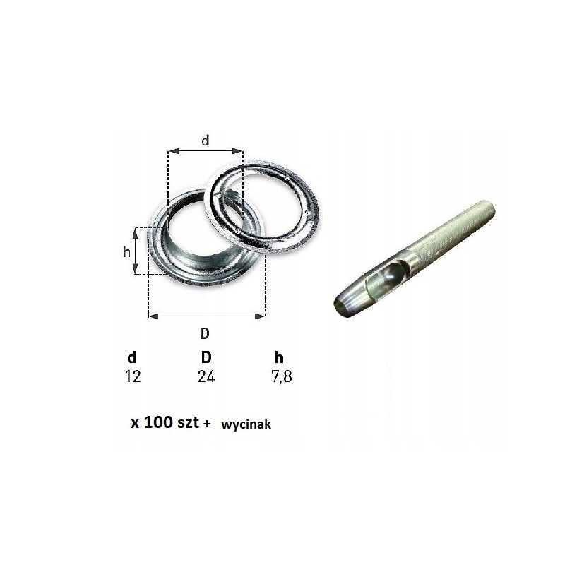 100 pcs of eyelets for tarpaulins, diameter 12 mm, cutter