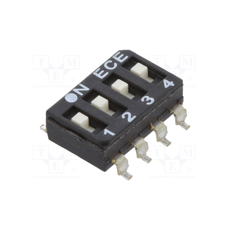 1 pcs x ECE - ESD104LTZ - Switch: DIP-SWITCH, Poles number: 4, OFF-ON, 0.025A/24VDC, Pos: 2