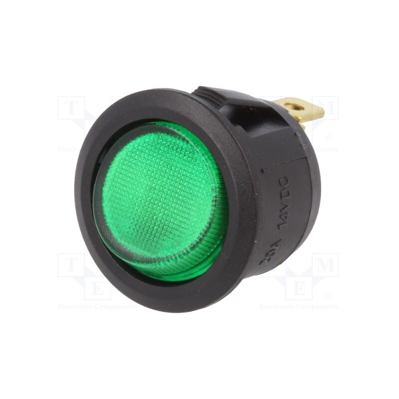 1 pcs x SCI - R13-112B-02-BG - ROCKER, SPST, Pos: 2, ON-OFF, 20A/14VDC, green, LED, 14V, 50mΩ, round