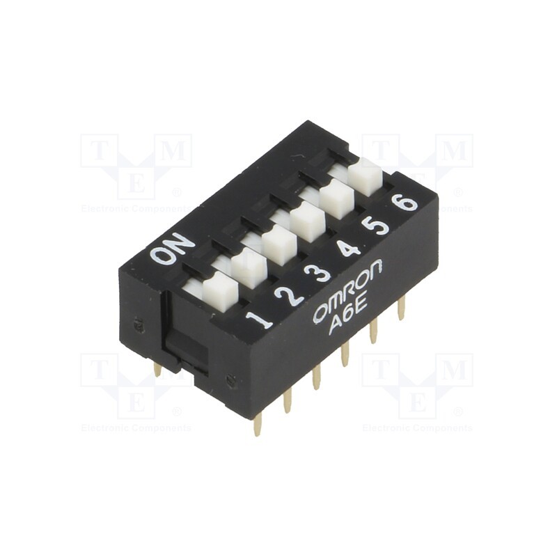 1 pcs x OMRON OCB - A6E-6104-N - Switch: DIP-SWITCH, Poles number: 6, ON-OFF, 0.025A/24VDC, Pos: 2