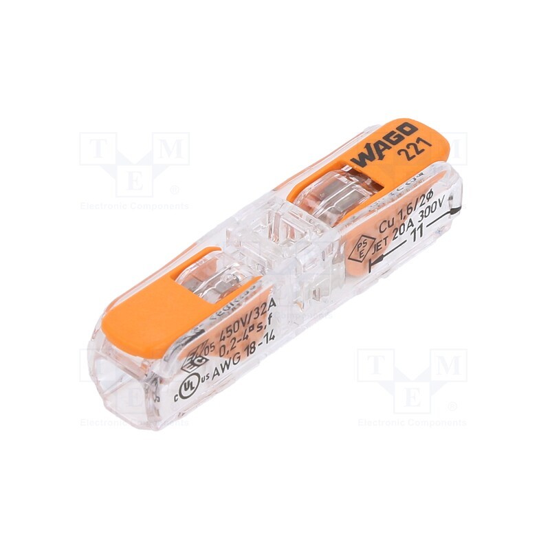 2 pcs x WAGO - 221-2411 - Quick splice, 221, spring clamp, 0.2÷4mm2, 450V, 32A, for cable