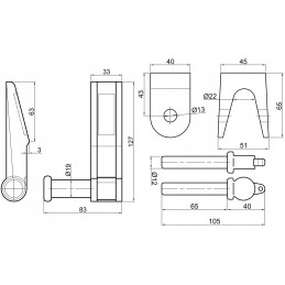 Set of upper and lower side board hinges, diameter 19, right