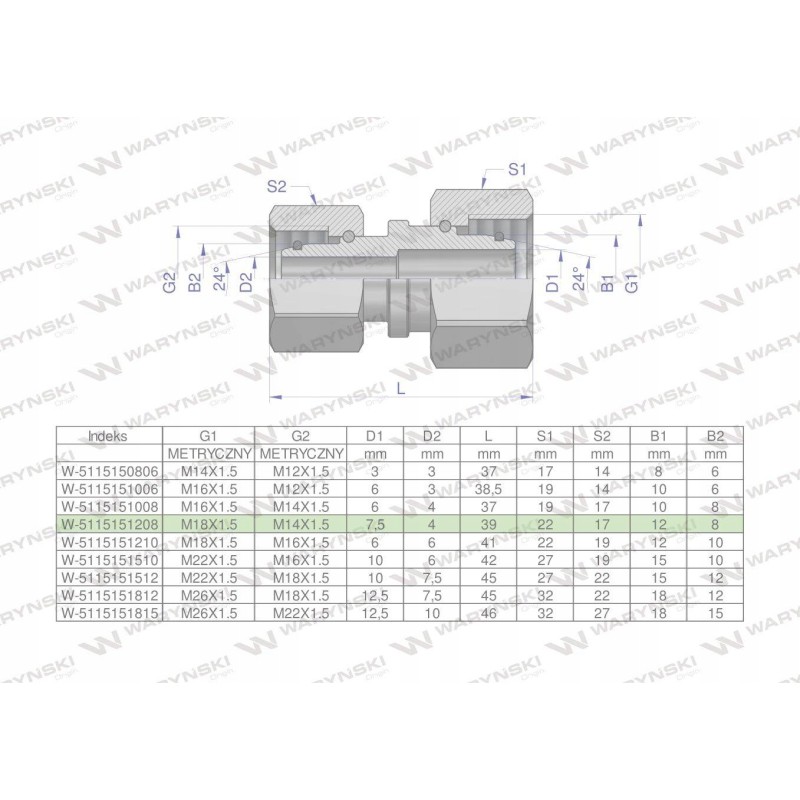 Metric hydraulic connector aa m18x1 5 12l xm