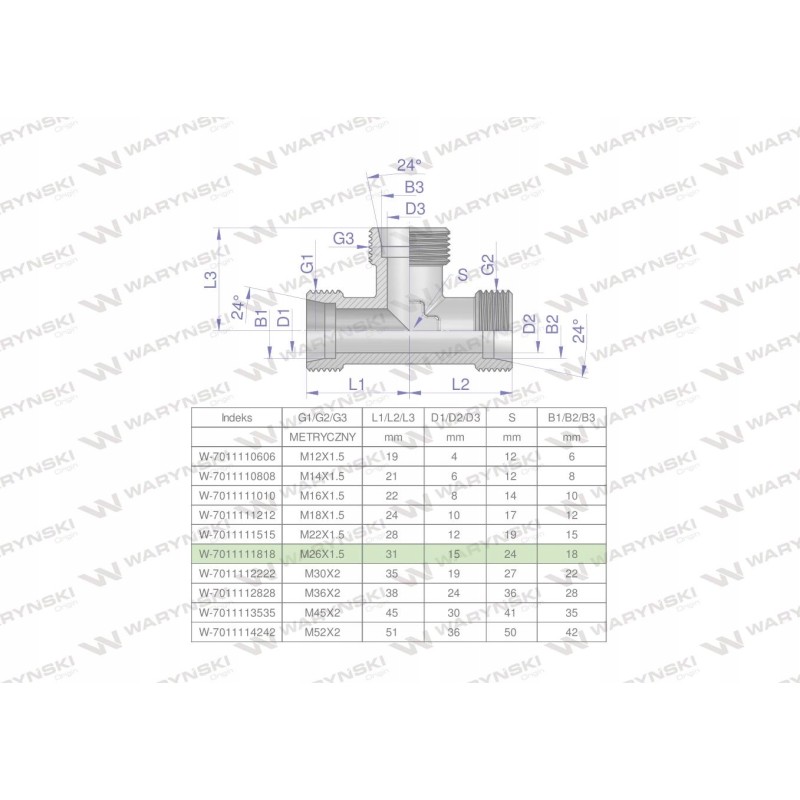 Metric hydraulic tee bbb m26x1 5 18l