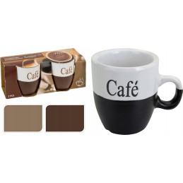 A set of white and brown coffee mugs