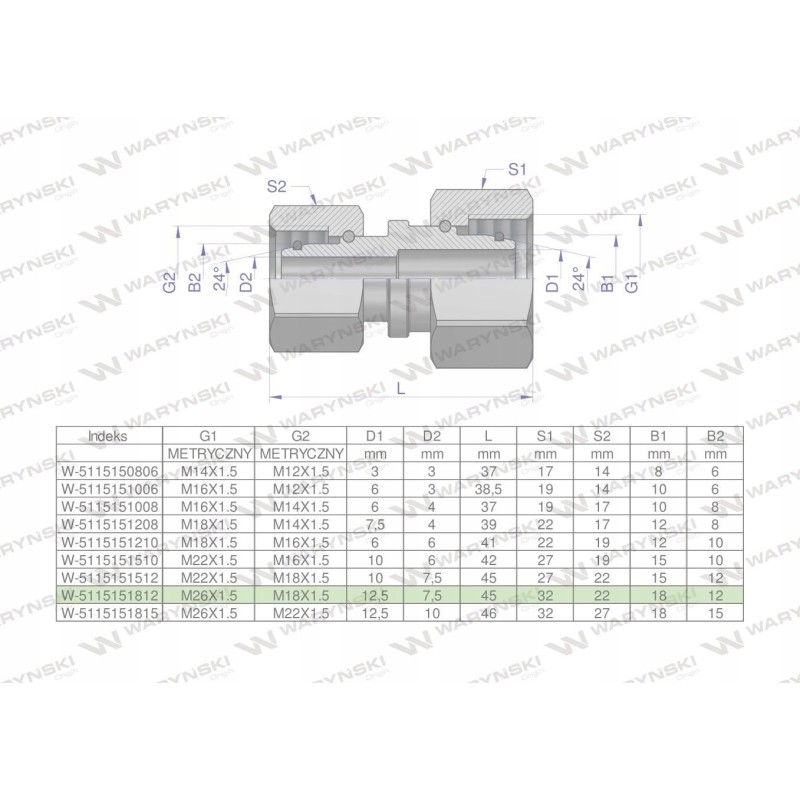 Hydraulic connector m26x1 5 18lxm18x1 5 12l