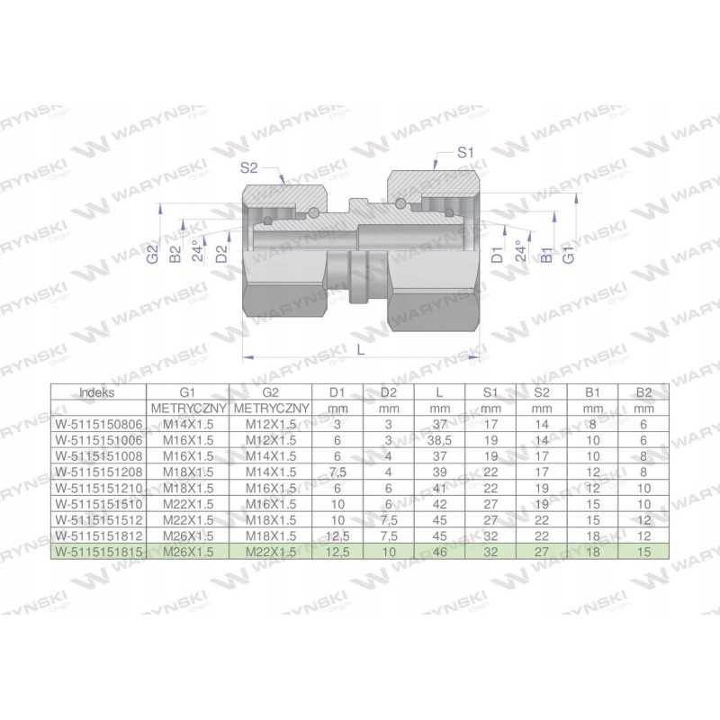 Hydraulic connector m26x1 5 18lxm22x1 5 15l