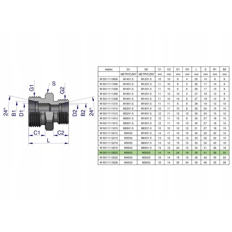 Hydraulic connector BB M36x2 M30x2 Warynski