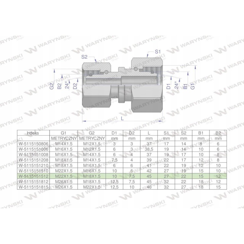 Metric hydraulic connector aa m22x1 5 15l xm