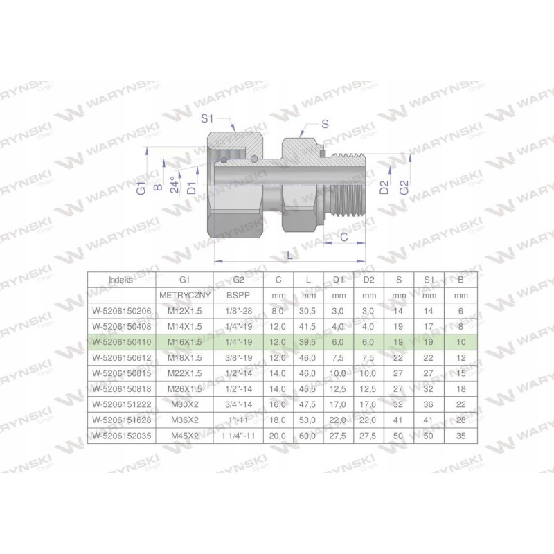 Hydraulic connection ab evge m16x1 5 10l x 1 4