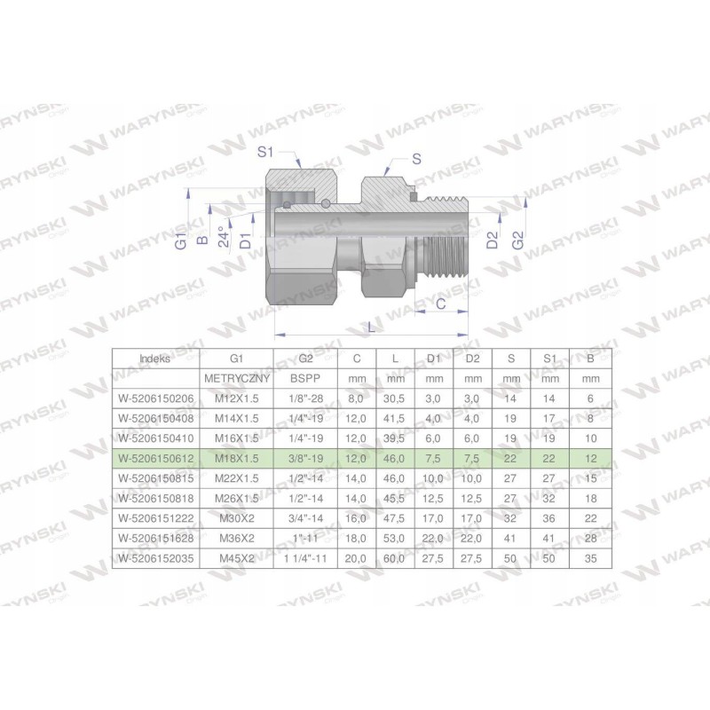 Hydraulic connection ab evge m18x1 5 12l x 3 8