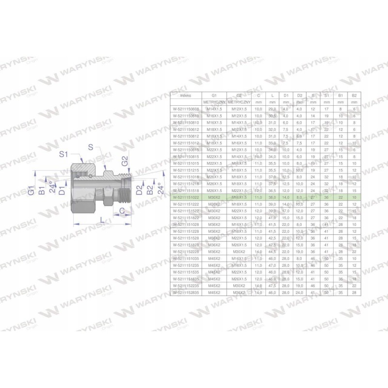 Metric hydraulic connector AB XKOR A M30x2 22