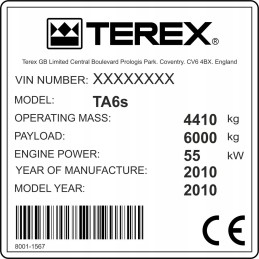 Terex rating sticker rating plate