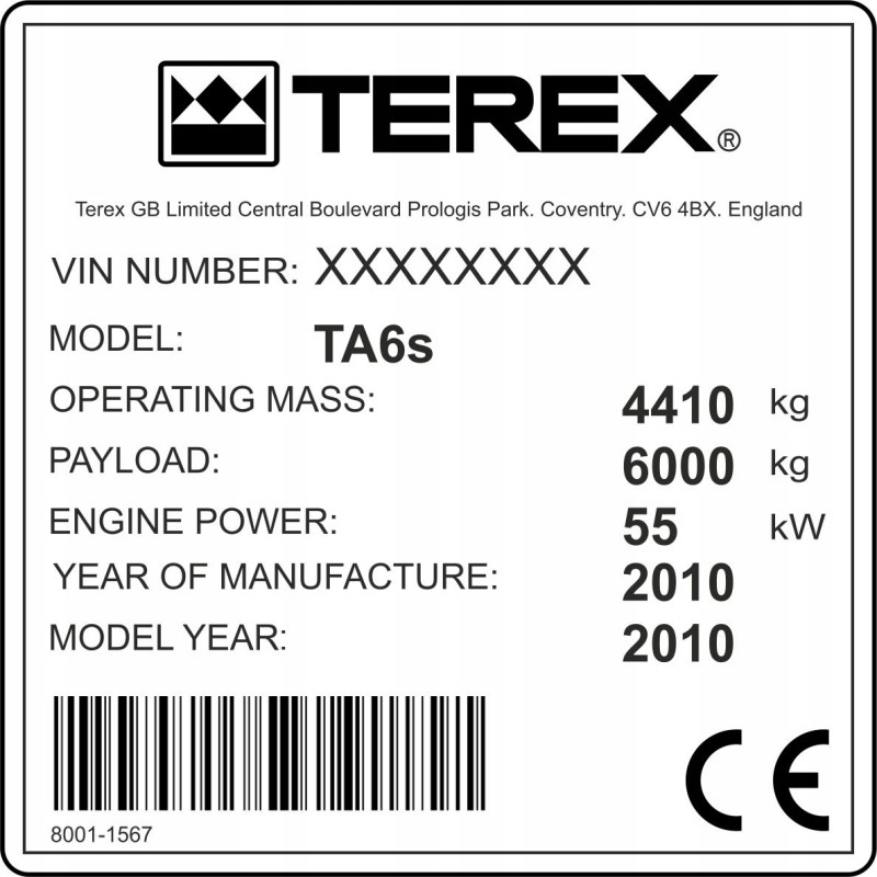 Terex rating sticker rating plate
