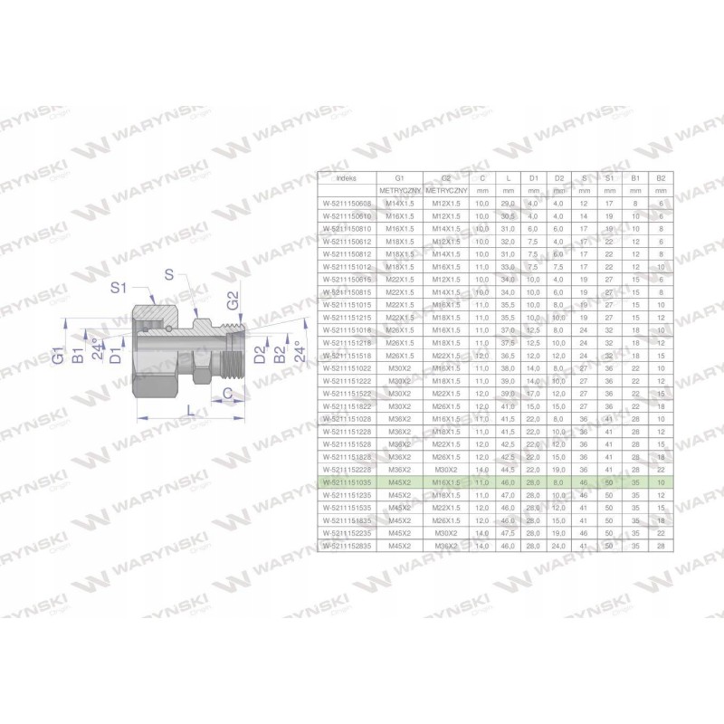 Metric hydraulic connector AB XKOR A M45x2 35