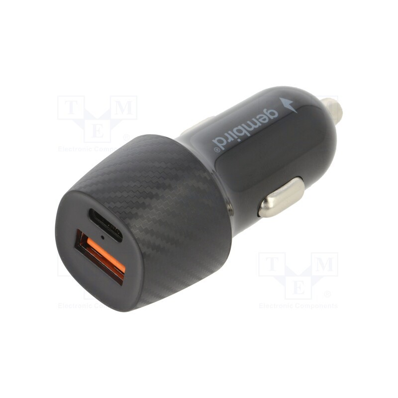 1 pcs x GEMBIRD - TA-U2QC3-CAR-02 - USB power supply, USB A socket,USB C socket, Sup.volt: 12÷24VDC