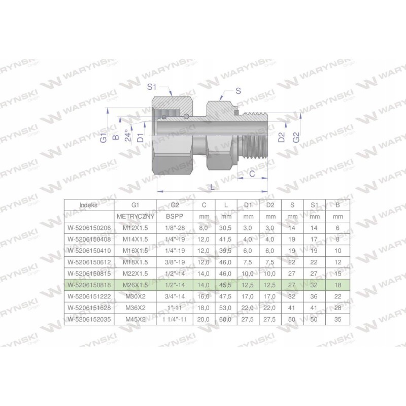 Hydraulic connection ab evge m26x1 5 18l x 1 2