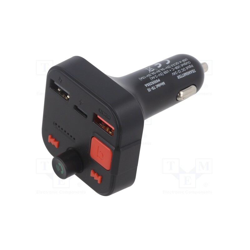 1 pcs x SAVIO - SAVFMTRANSTR-15 - FM transmitter, USB A socket x2,USB C socket, black, Uin: 12÷24V