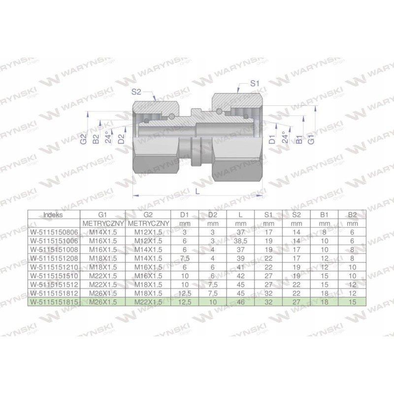 Metric hydraulic connector aa m26x1 5 18l xm