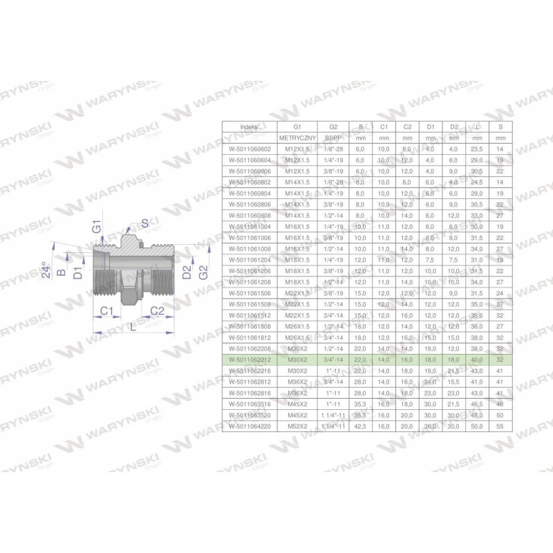 Hydraulic connection bb xge m30x2 22l x 3 4