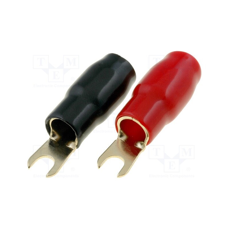 1 set x 4CARMEDIA - TERMINAL-SPADE-6G - Terminal: fork, M4, 16mm2, gold-plated, insulated, red and black