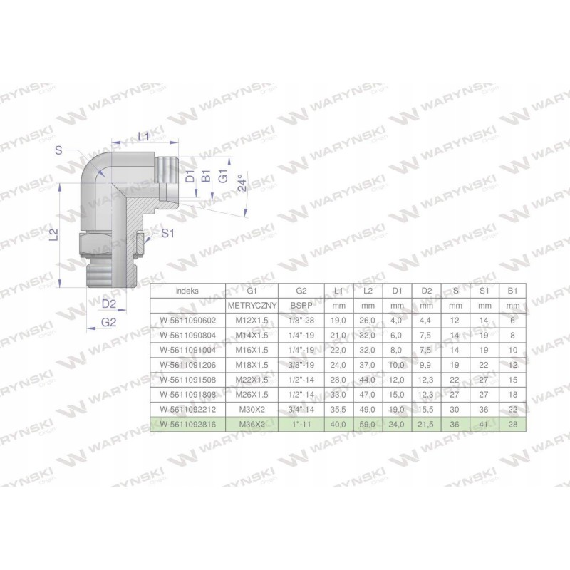 Hydraulic adjustable elbow bb m36x2 28l x 1